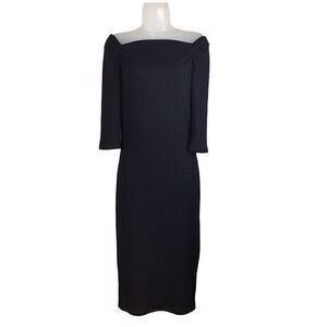 NSR Black Ribbed Bodycon Midi Dress Off Shoulder Size Medium